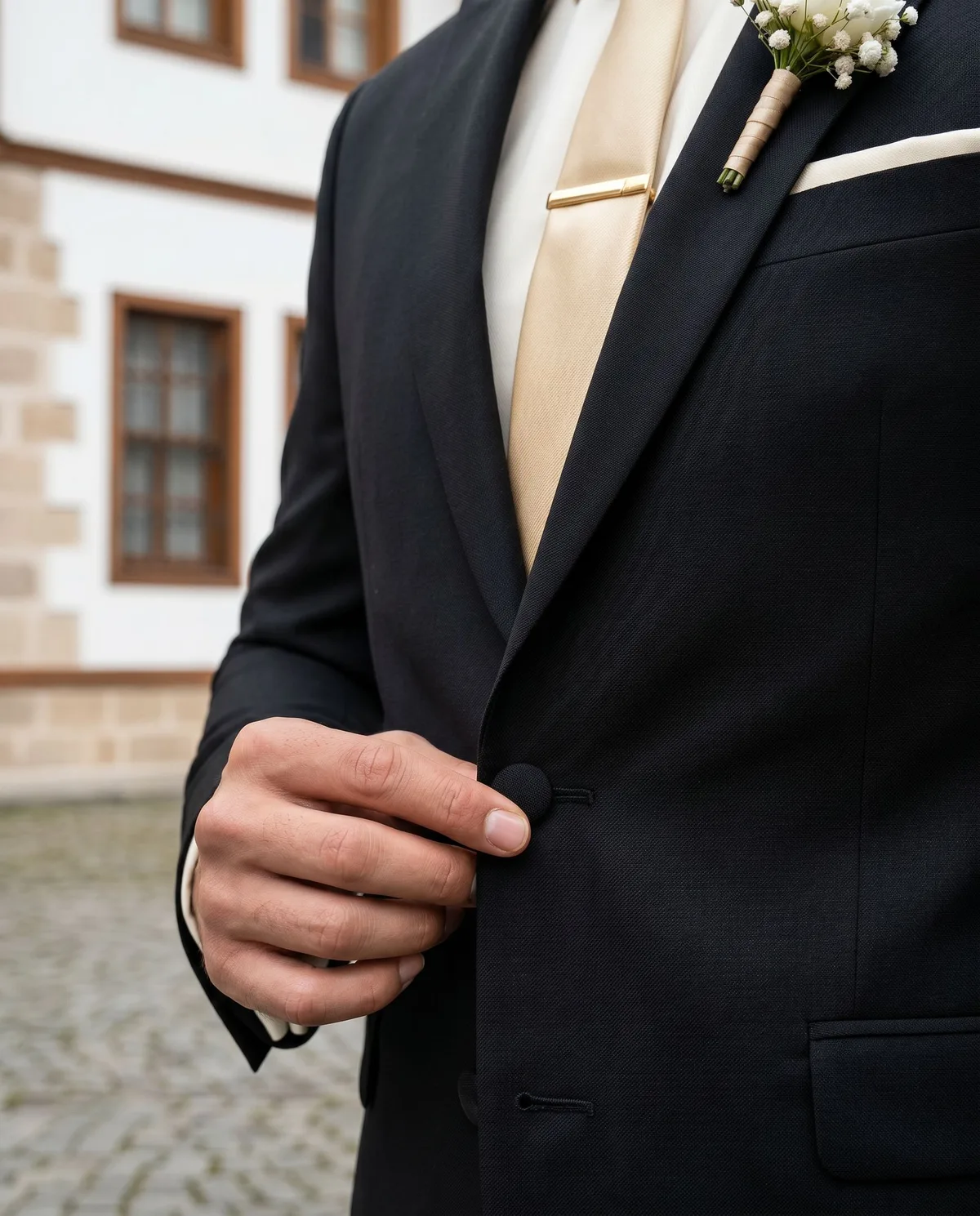 Black Wedding Suit - Gold Tie detail - Savas Textile