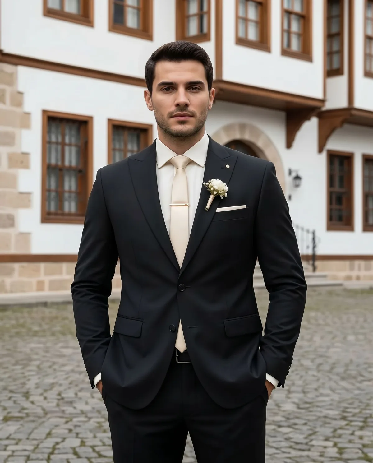 Black Wedding Suit - Gold Tie detail - Savas Textile