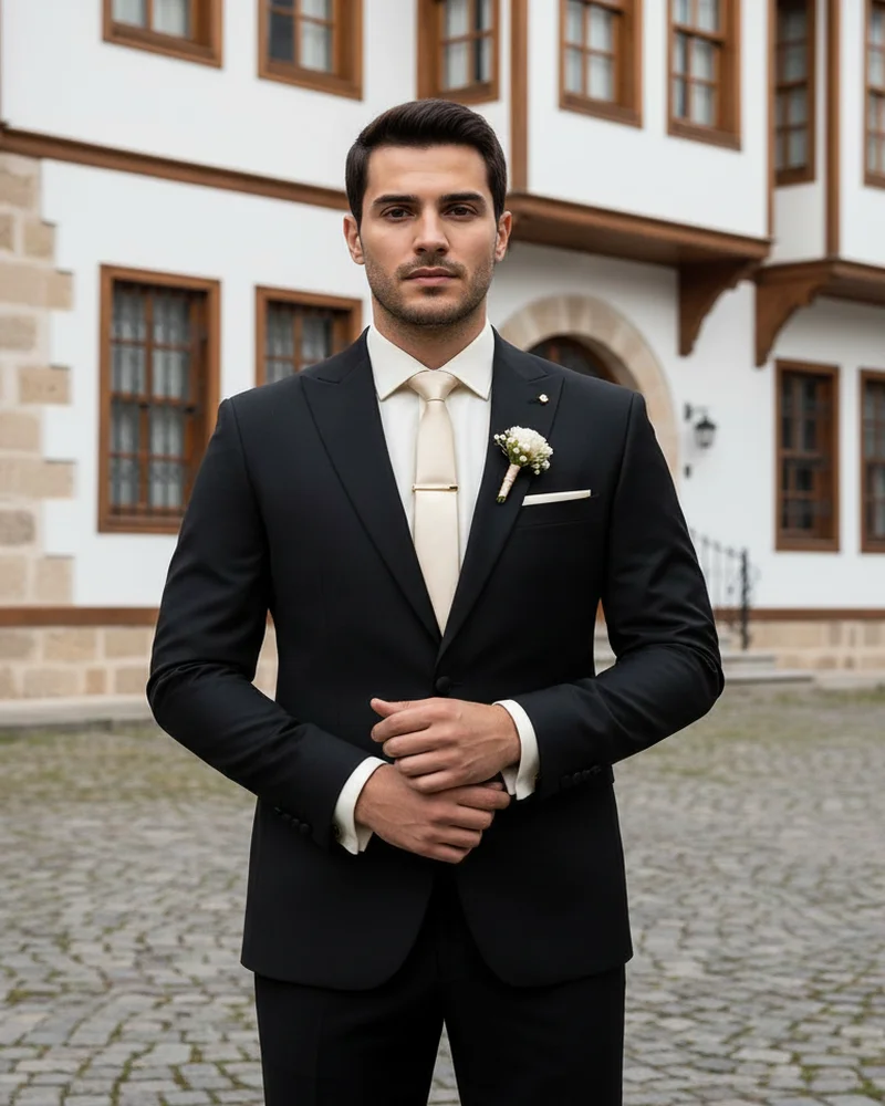 Black Wedding Suit - Gold Tie - Wedding Suits by Savas Textile