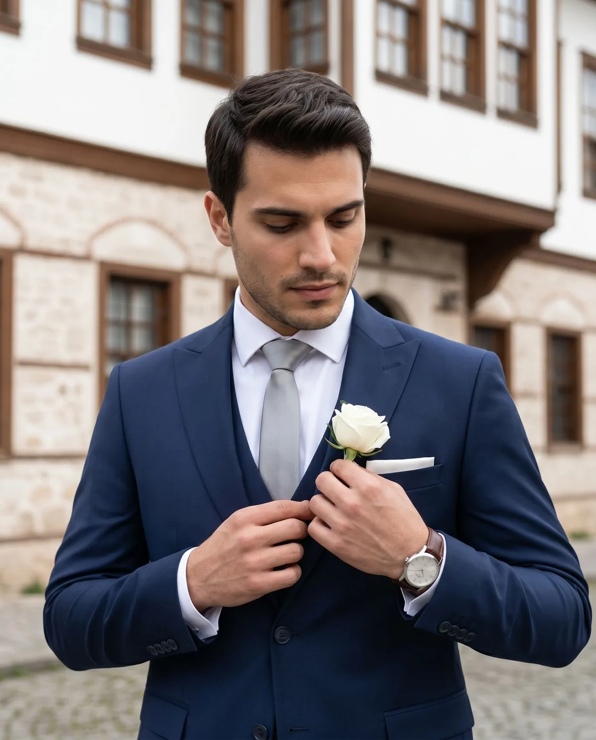 Navy Slim Fit Wedding Suit detail - Savas Textile