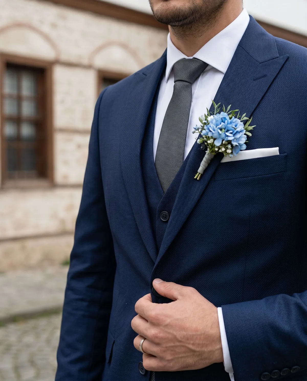 Navy Slim Fit Wedding Suit detail - Savas Textile