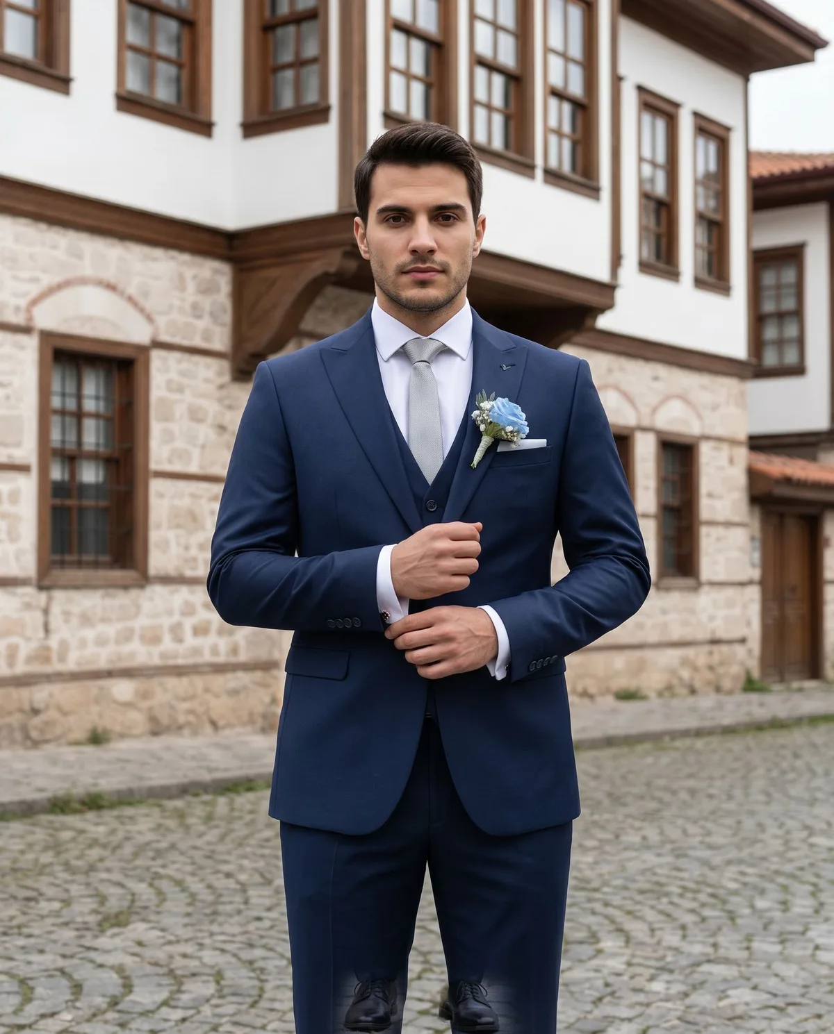 Navy Slim Fit Wedding Suit detail - Savas Textile