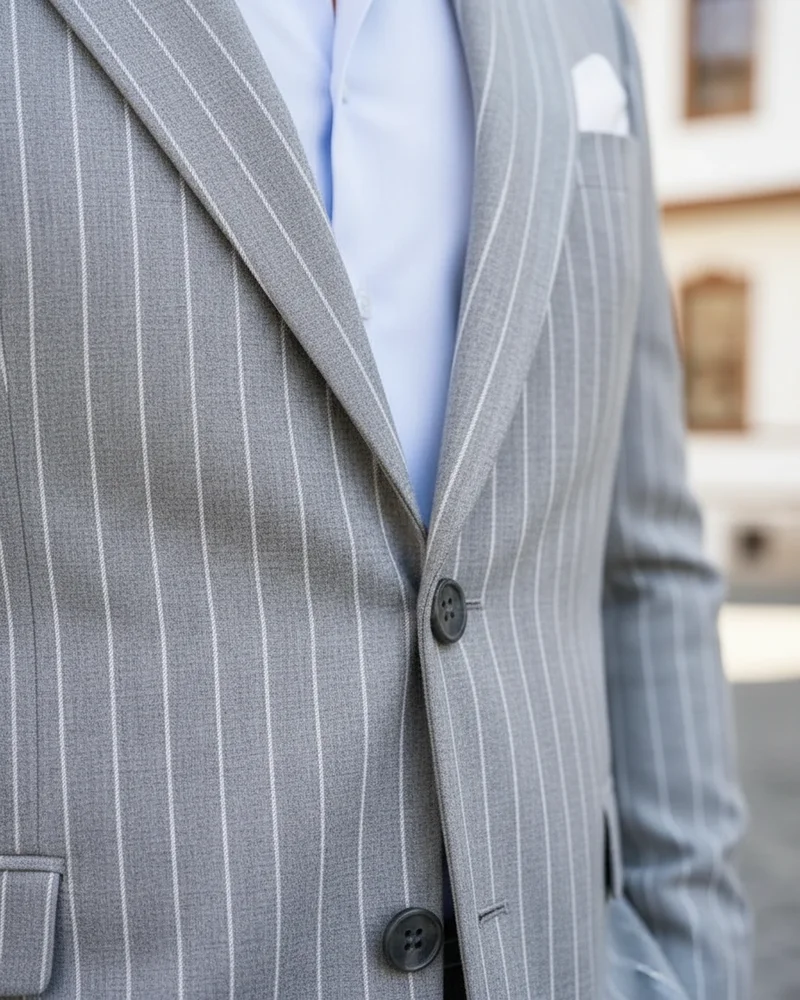 Light Grey Chalk Stripe Suit detail - Savas Textile