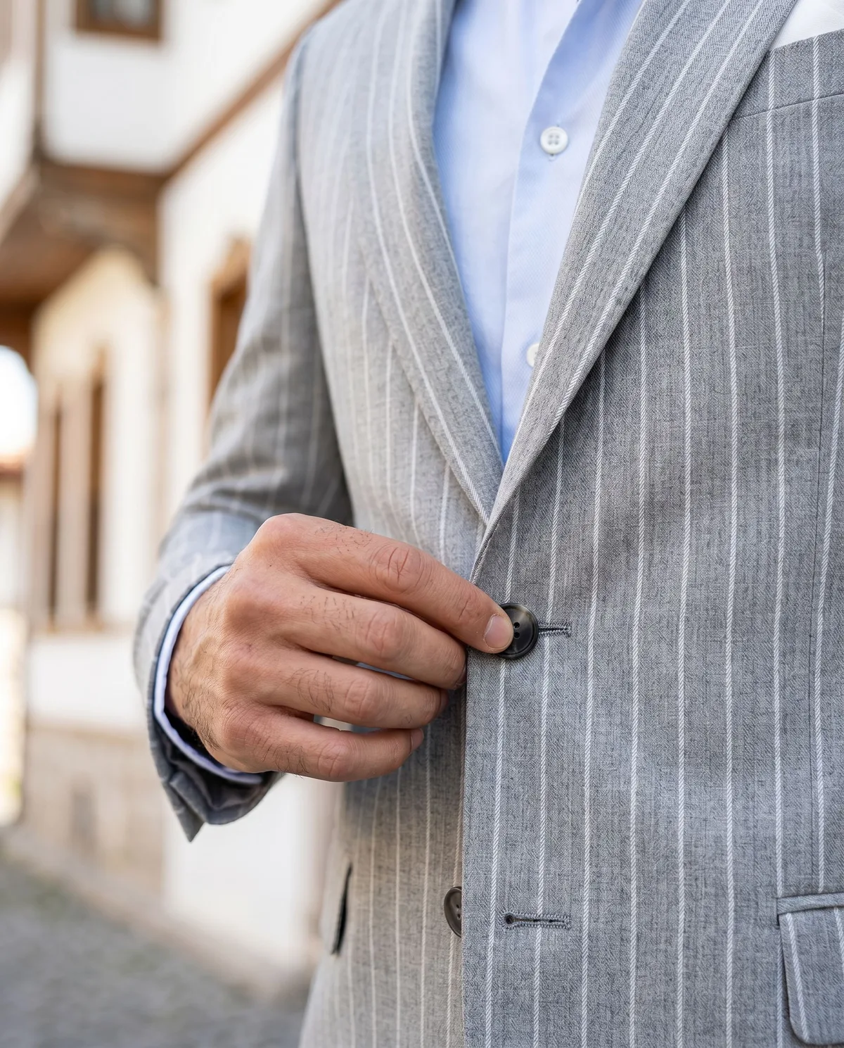Light Grey Chalk Stripe Suit detail - Savas Textile