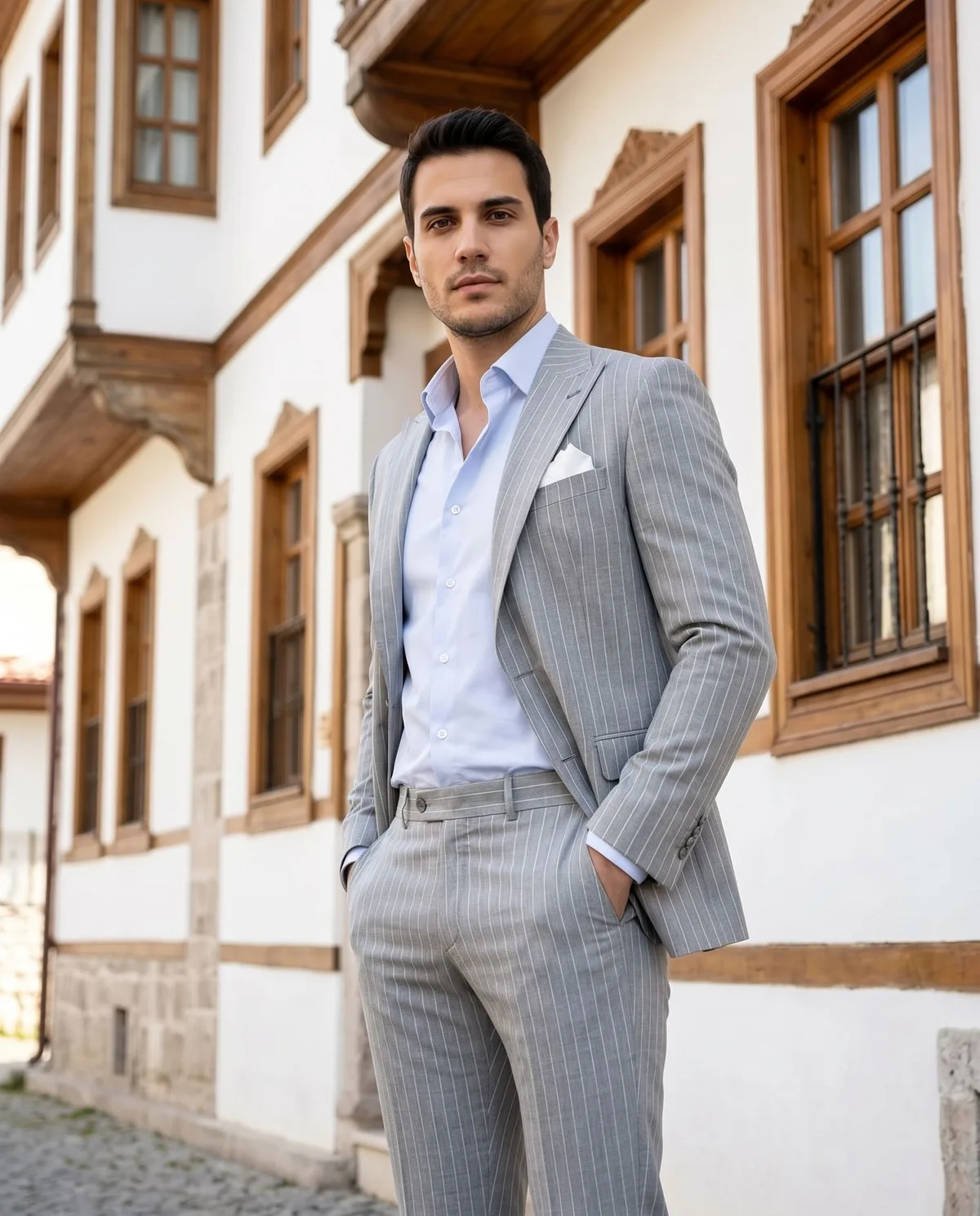 Light Grey Chalk Stripe Suit detail - Savas Textile