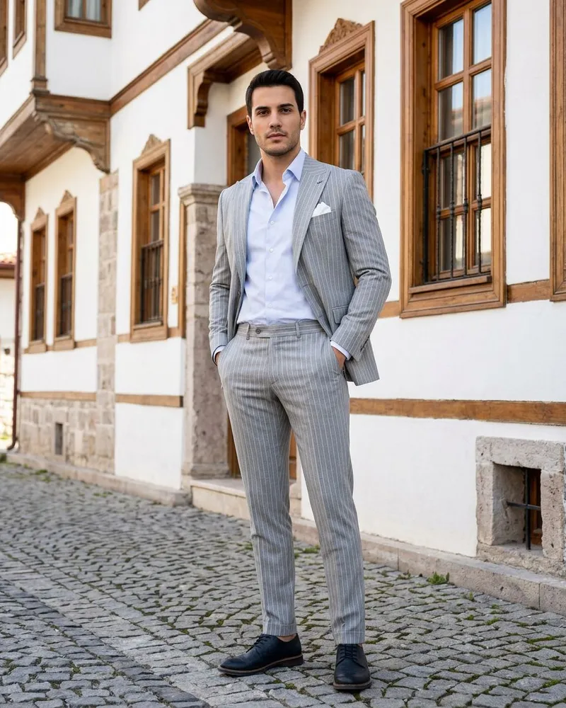 Light Grey Chalk Stripe Suit - Suits by Savas Textile