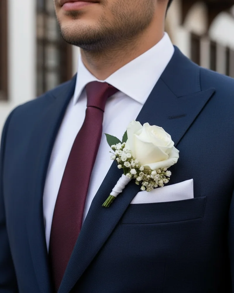 Navy Wedding Suit - Burgundy Tie detail - Savas Textile