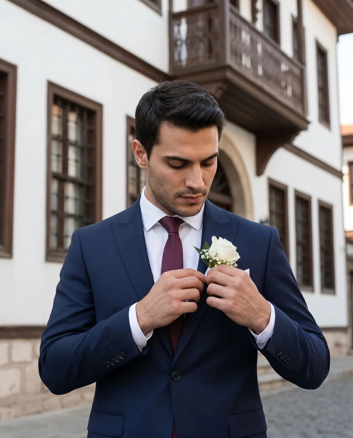 Navy Wedding Suit - Burgundy Tie detail - Savas Textile