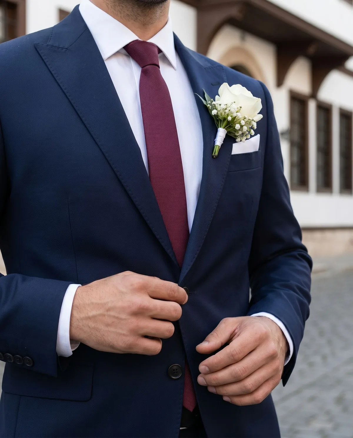 Navy Wedding Suit - Burgundy Tie detail - Savas Textile