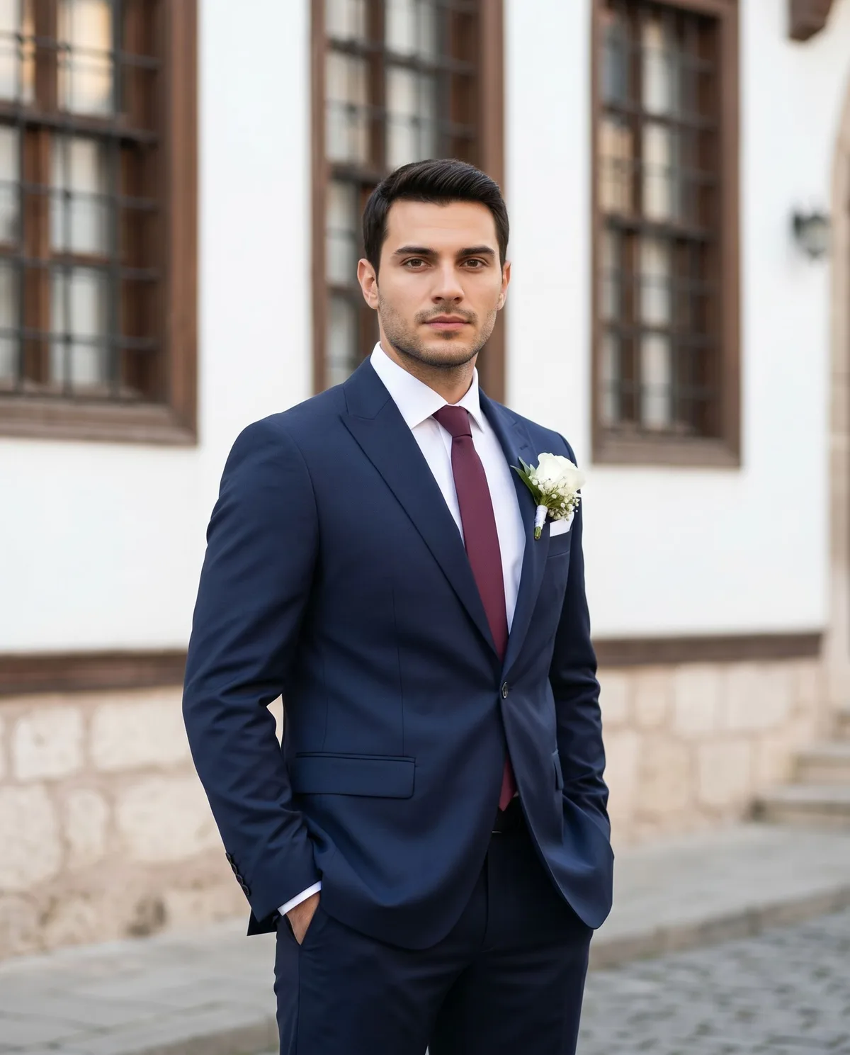 Navy Wedding Suit - Burgundy Tie detail - Savas Textile