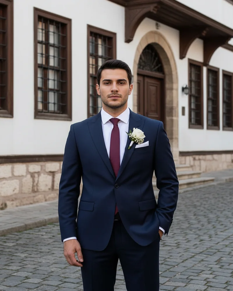 Navy Wedding Suit - Burgundy Tie - Wedding Suits by Savas Textile