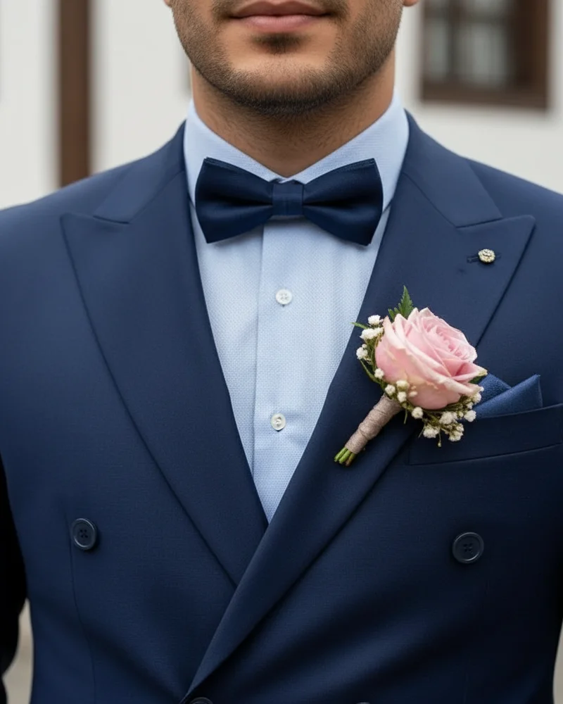 Navy Double-Breasted Wedding Suit detail - Savas Textile