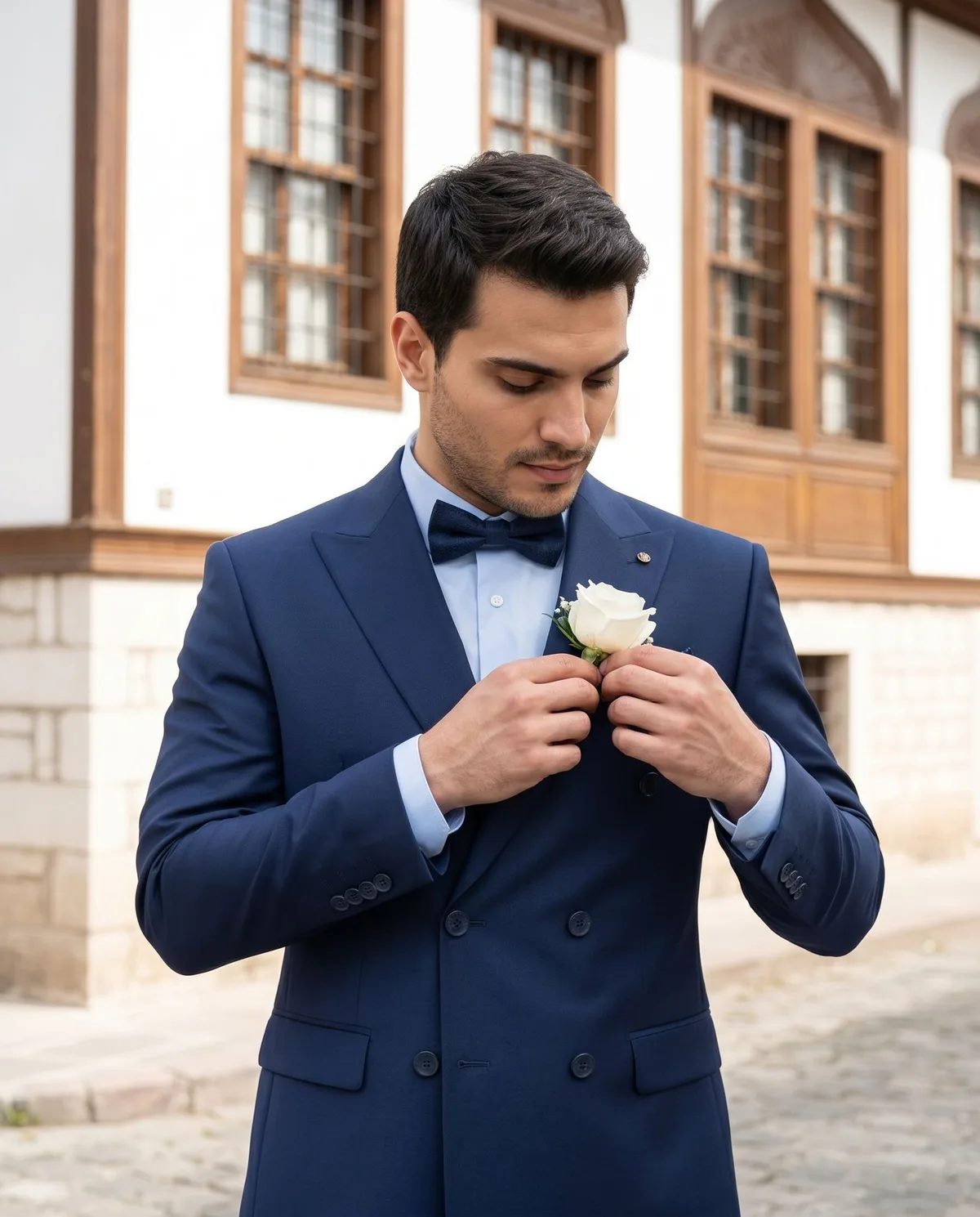 Navy Double-Breasted Wedding Suit detail - Savas Textile