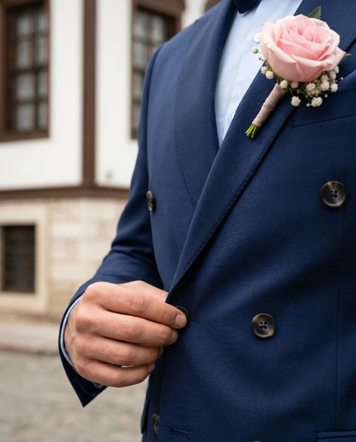 Navy Double-Breasted Wedding Suit detail - Savas Textile
