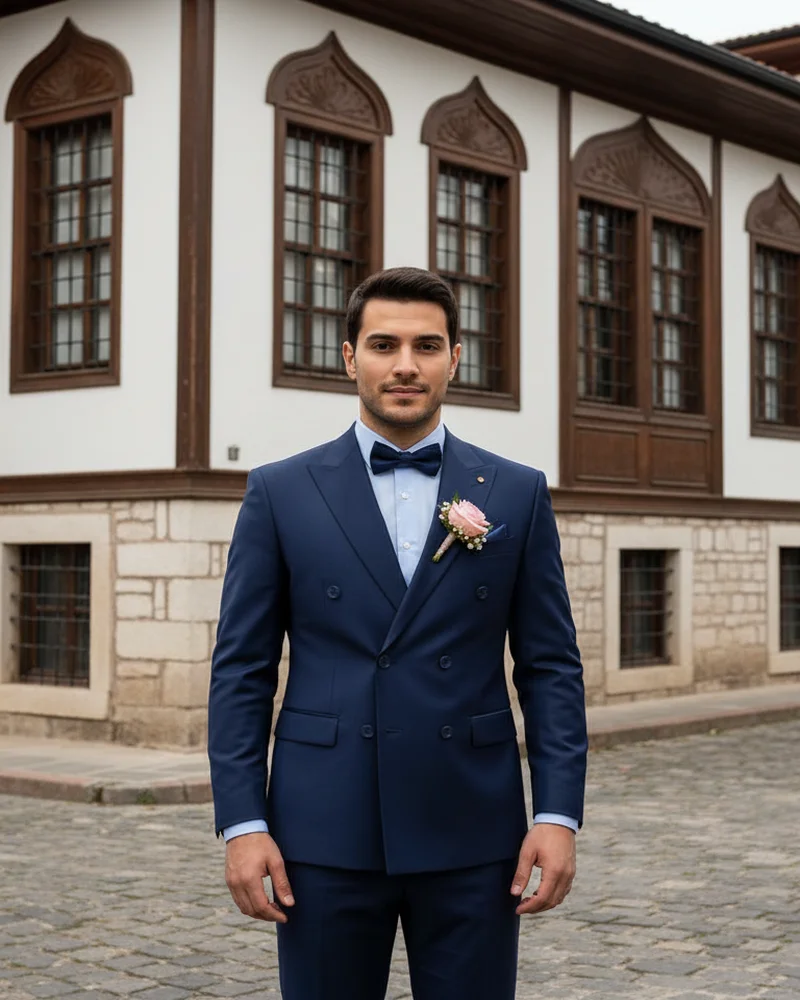 Navy Double-Breasted Wedding Suit - Wedding Suits by Savas Textile