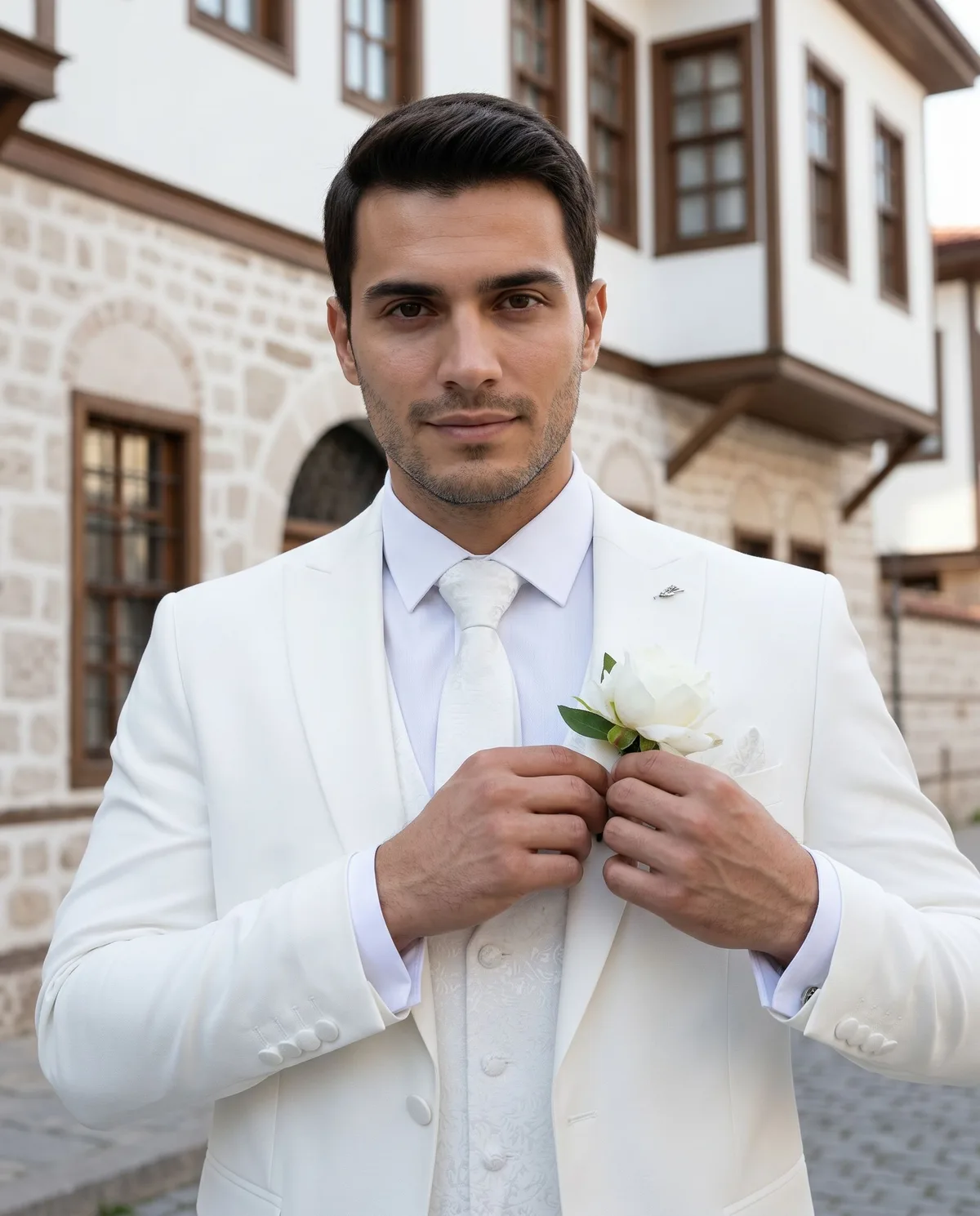 White Slim Fit Wedding Suit detail - Savas Textile