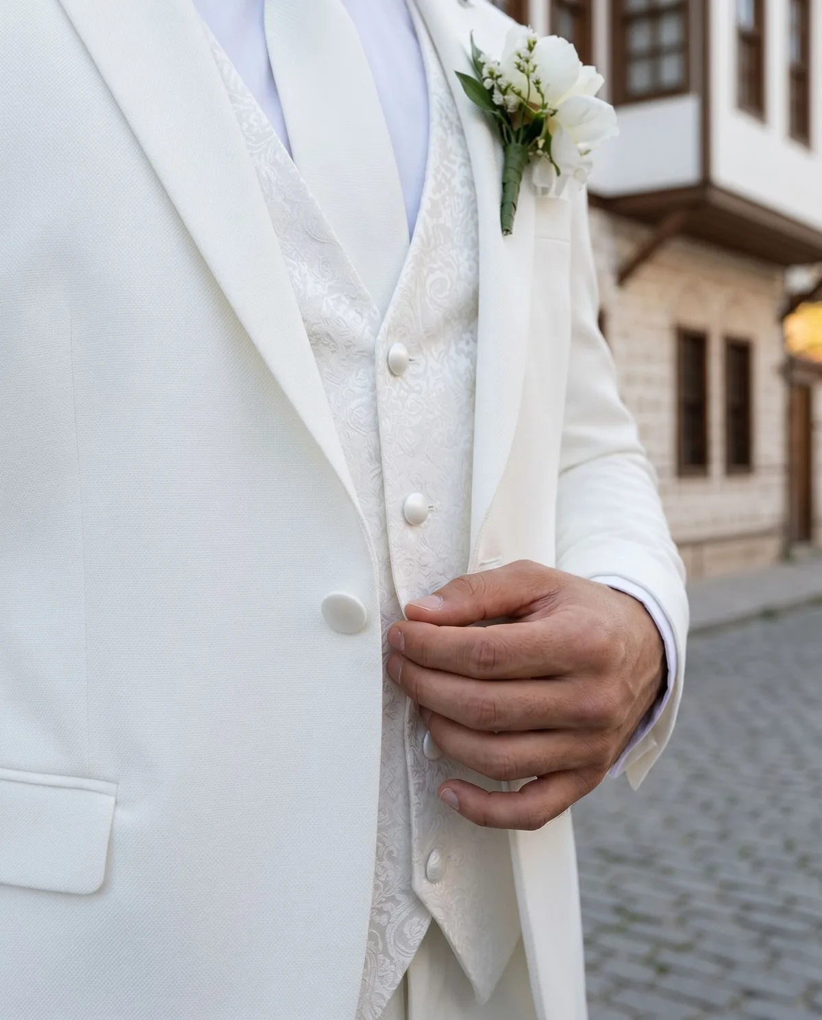 White Slim Fit Wedding Suit detail - Savas Textile