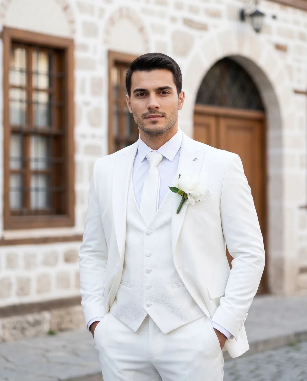 White Slim Fit Wedding Suit detail - Savas Textile