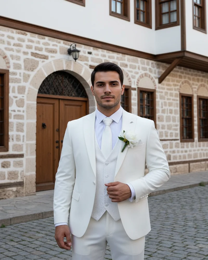 White Slim Fit Wedding Suit - Wedding Suits by Savas Textile