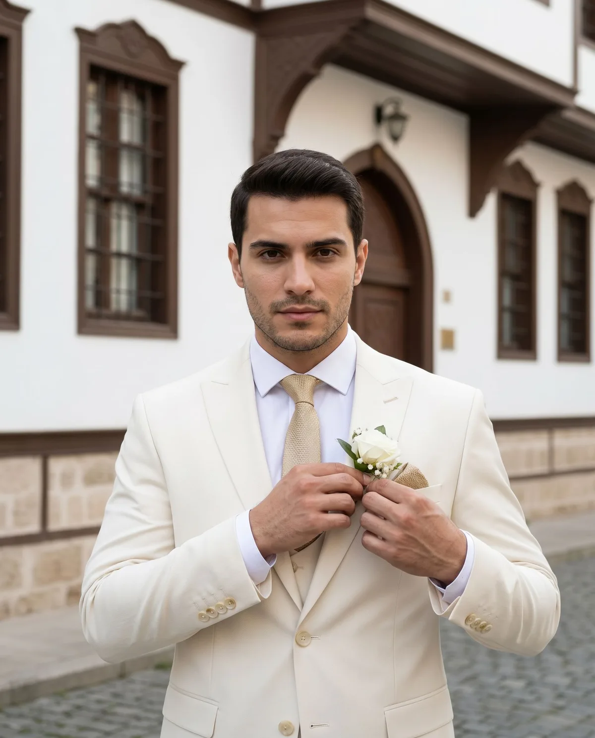 Cream Wedding Suit - Gold Detail detail - Savas Textile