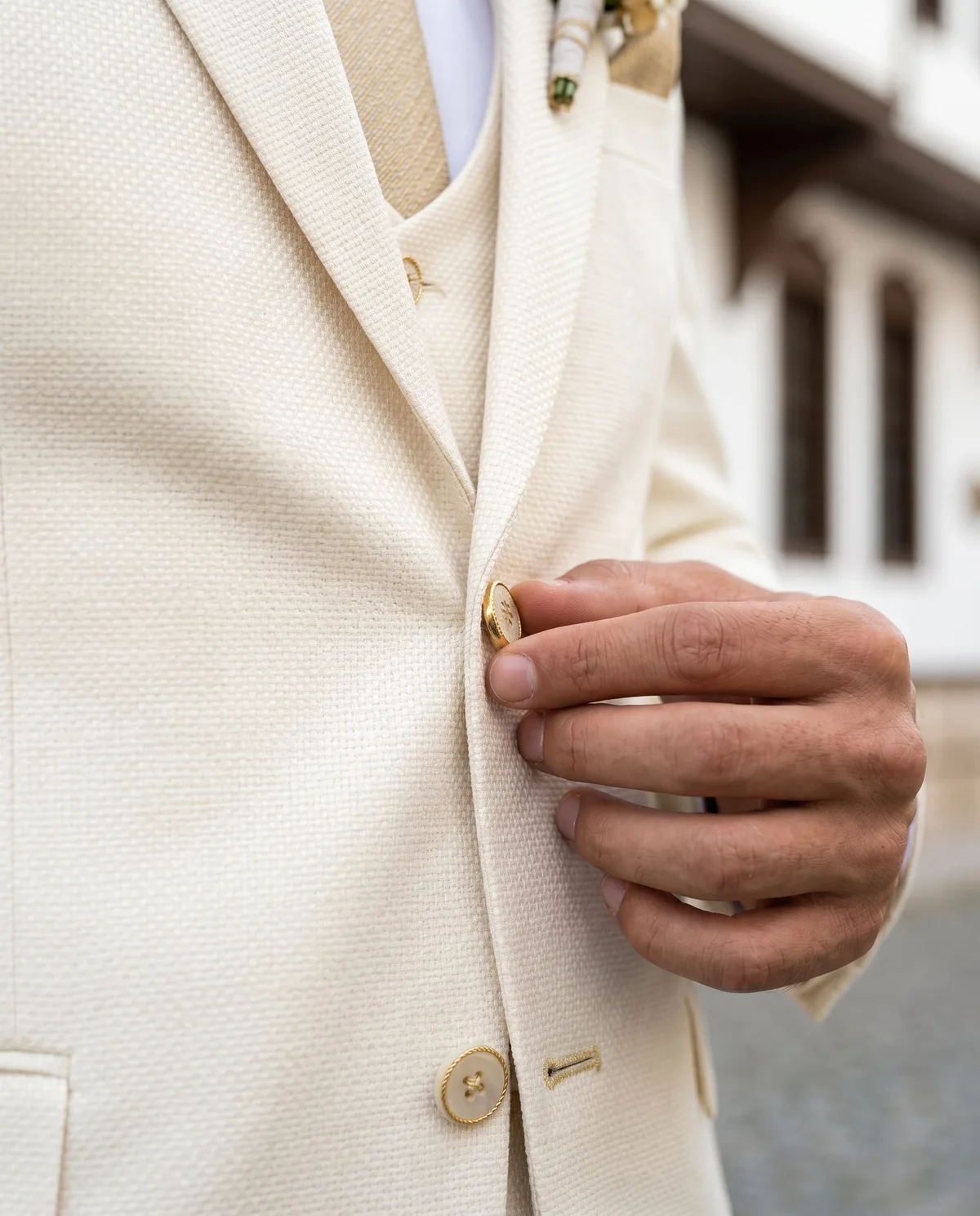 Cream Wedding Suit - Gold Detail detail - Savas Textile