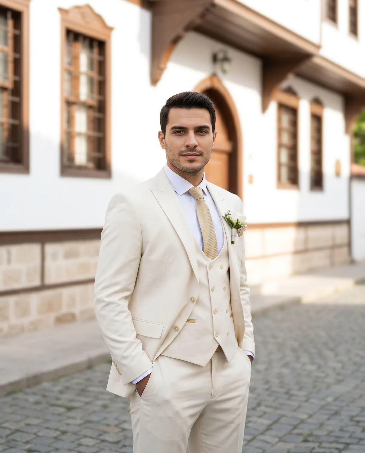 Cream Wedding Suit - Gold Detail detail - Savas Textile