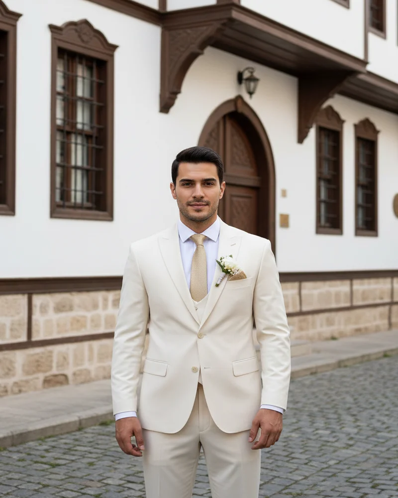 Cream Wedding Suit - Gold Detail - Wedding Suits by Savas Textile