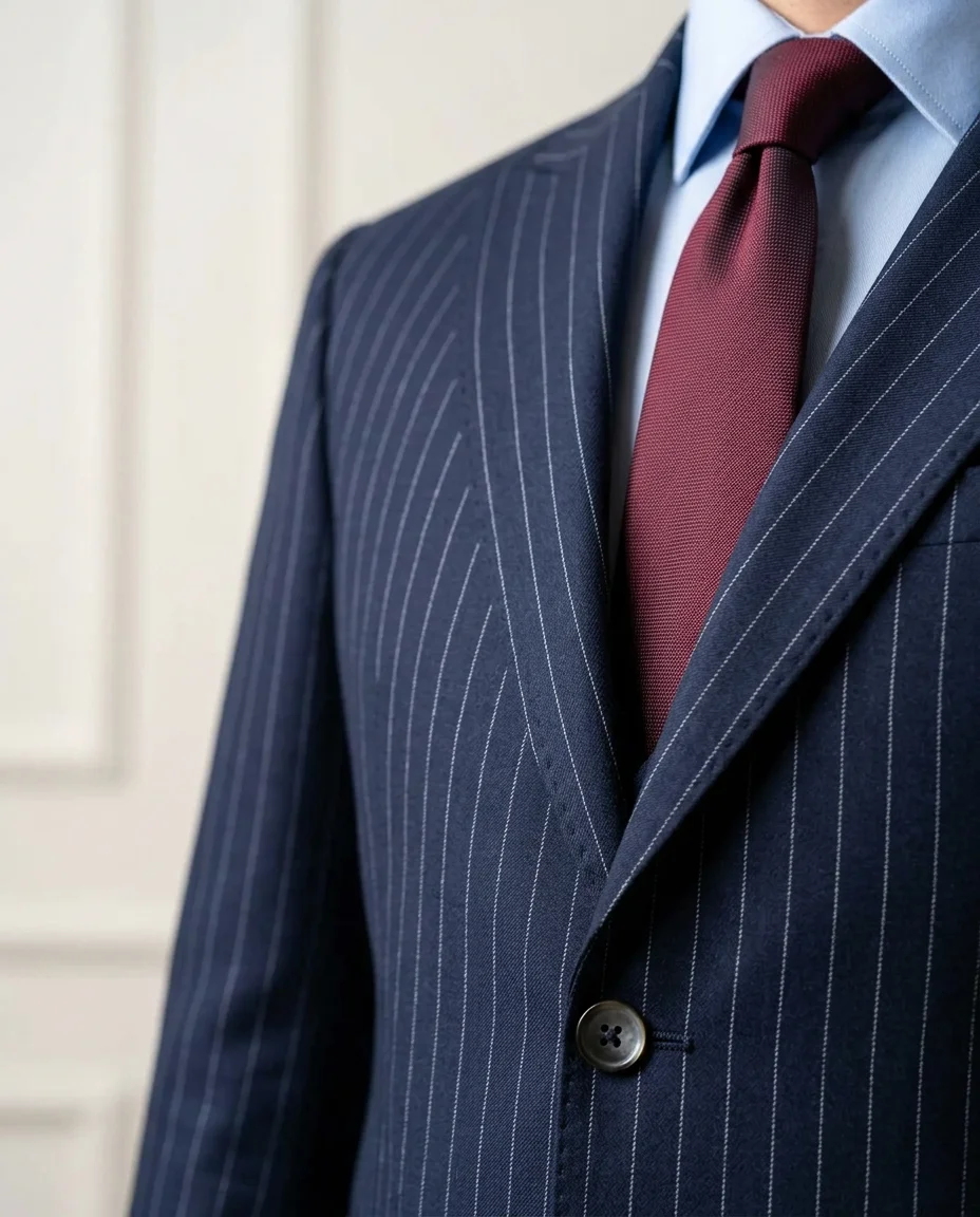 Navy Pinstripe Three-Piece Look detail - Savas Textile