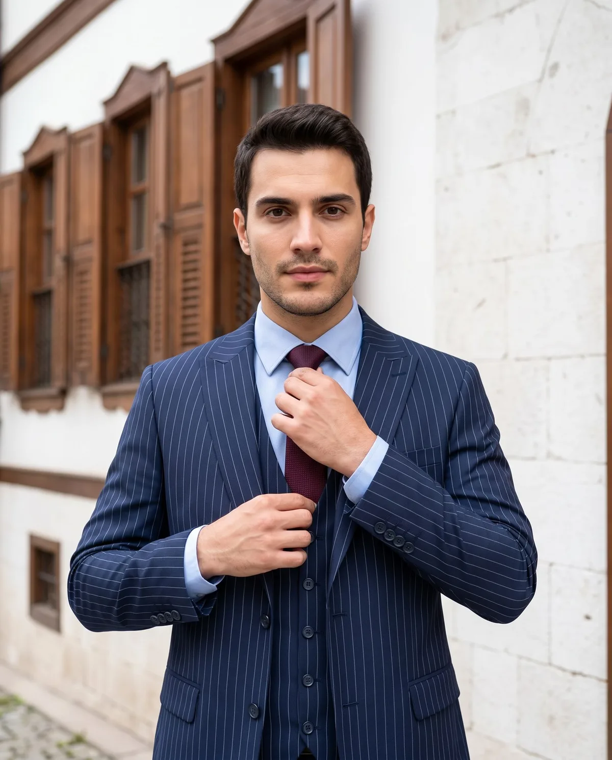 Navy Pinstripe Three-Piece Look detail - Savas Textile