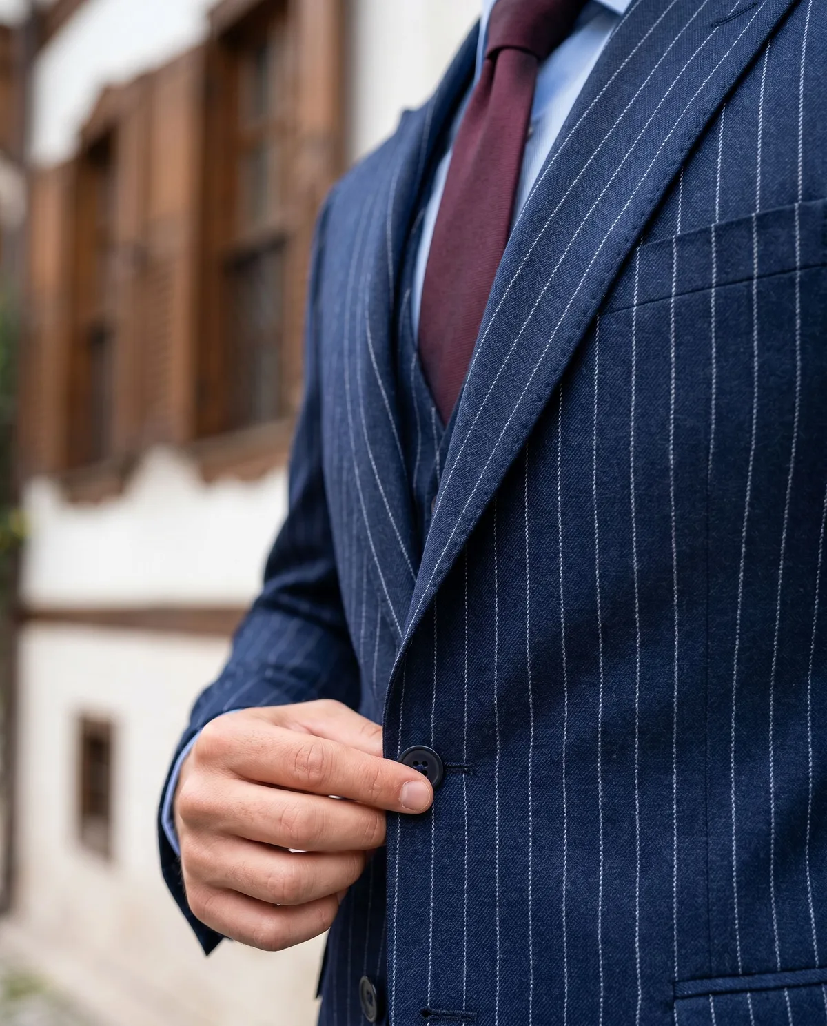 Navy Pinstripe Three-Piece Look detail - Savas Textile