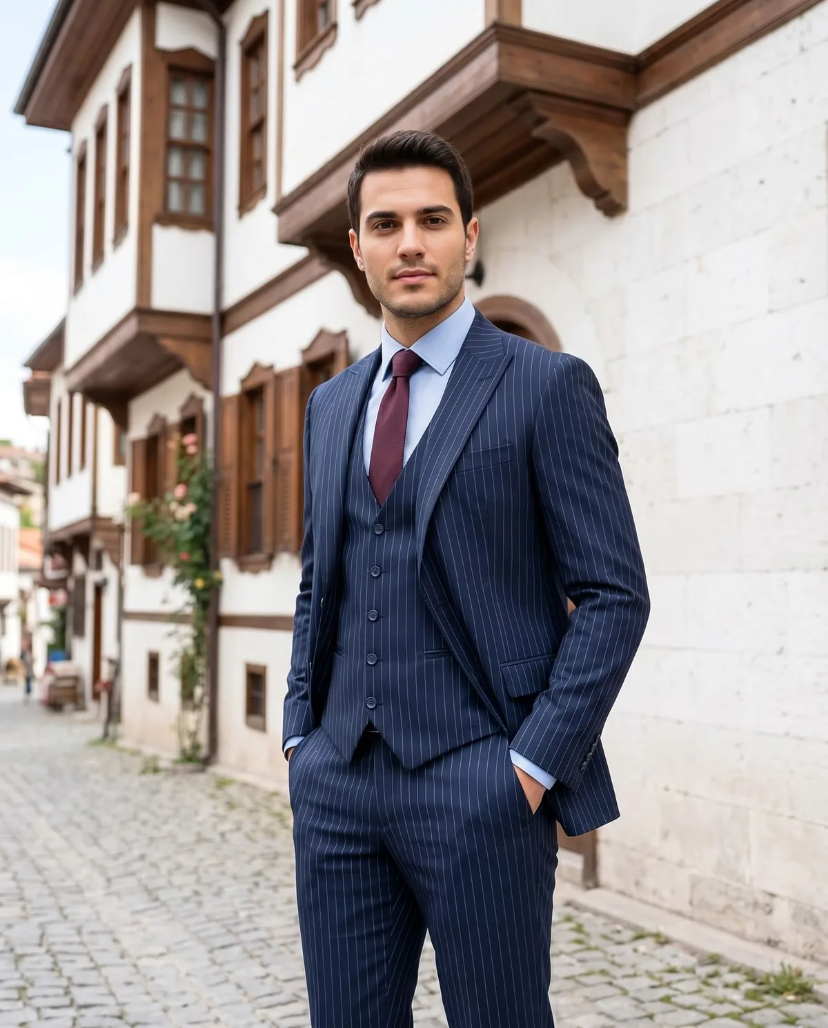 Navy Pinstripe Three-Piece Look detail - Savas Textile