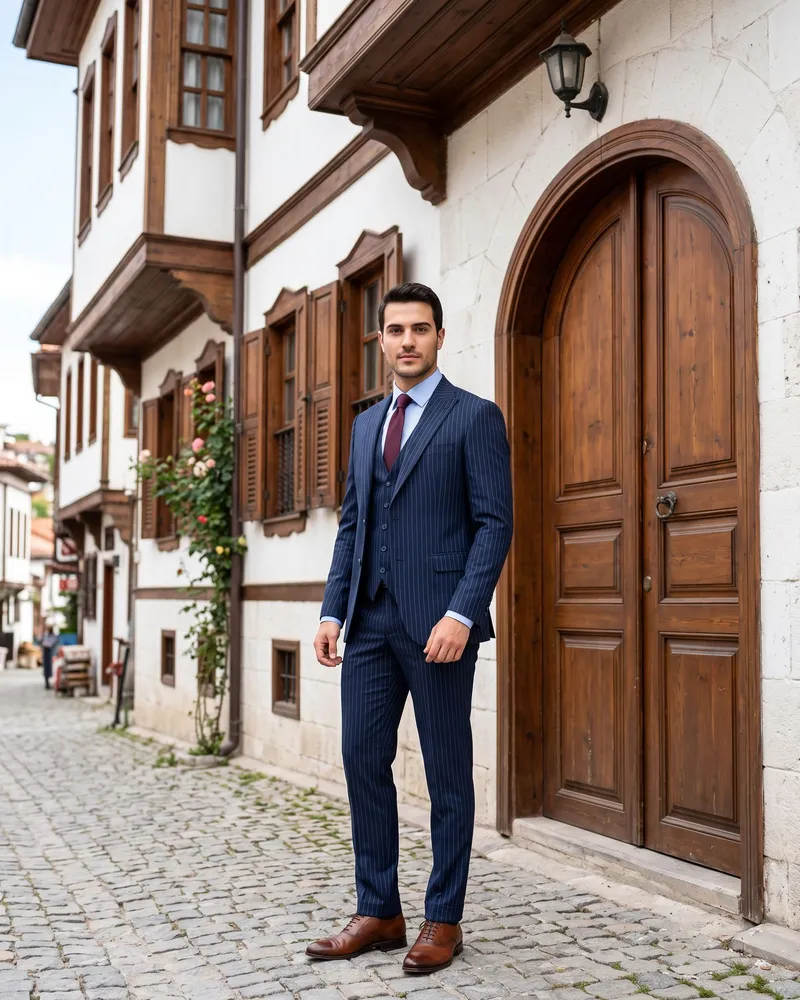 Navy Pinstripe Three-Piece Look - Suits by Savas Textile