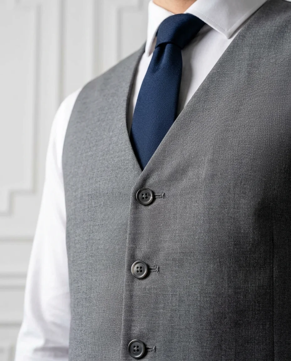 Grey Suit + Waistcoat Look detail - Savas Textile