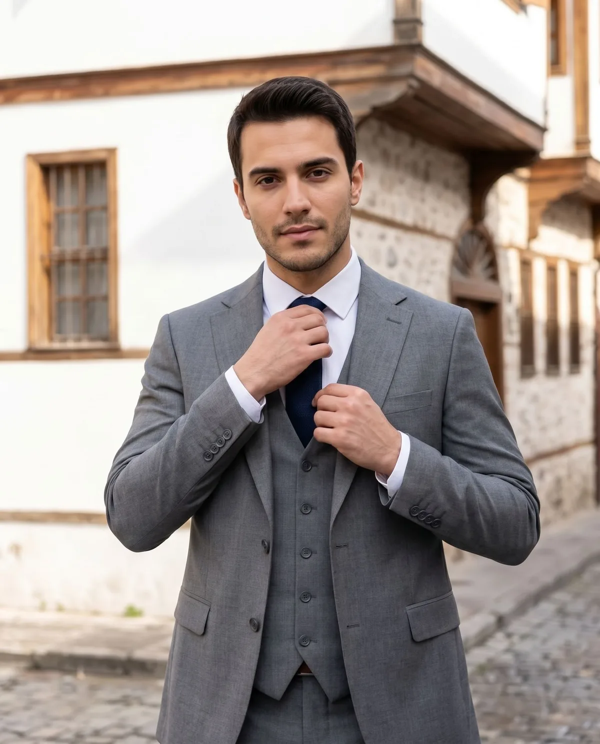Grey Suit + Waistcoat Look detail - Savas Textile
