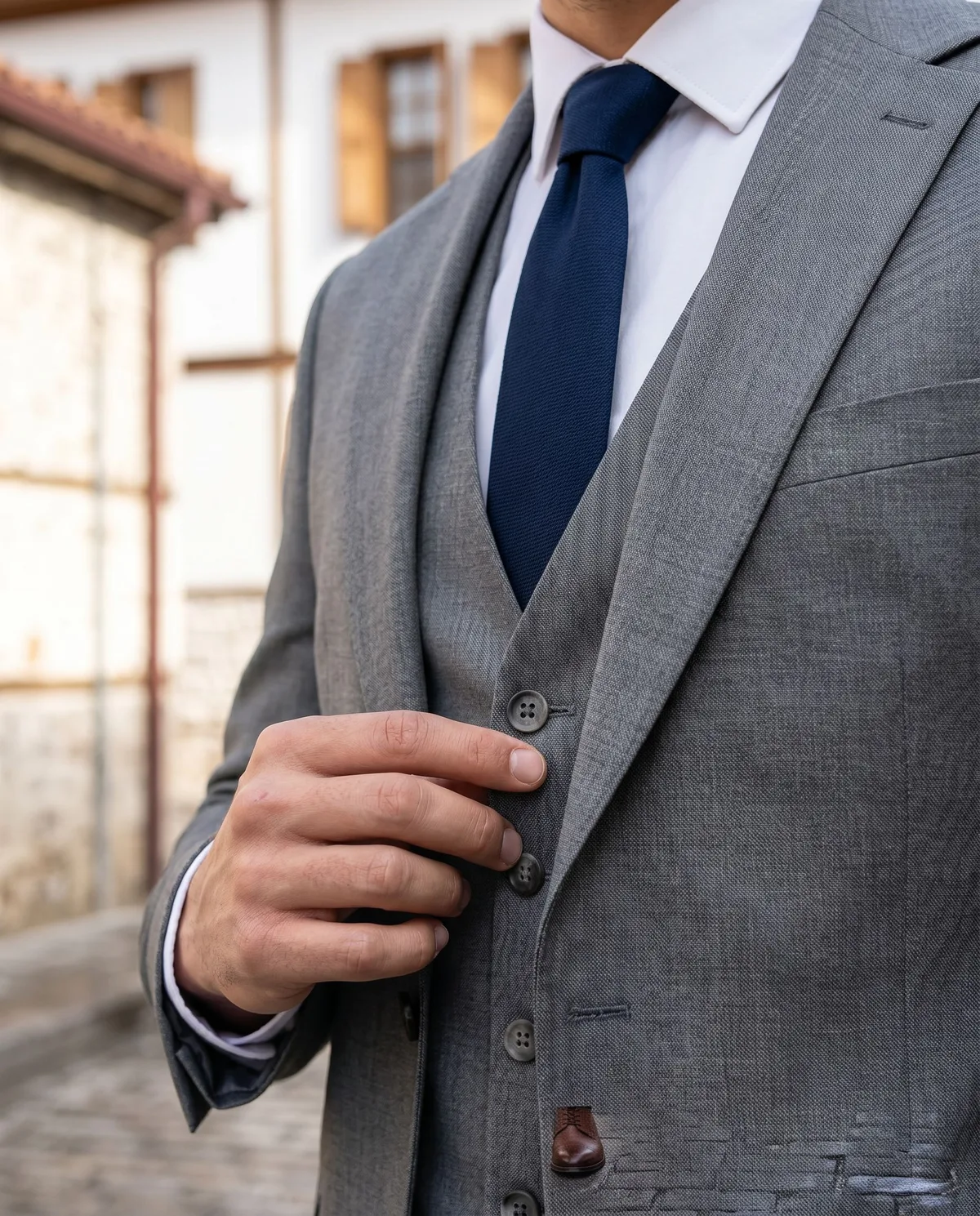 Grey Suit + Waistcoat Look detail - Savas Textile