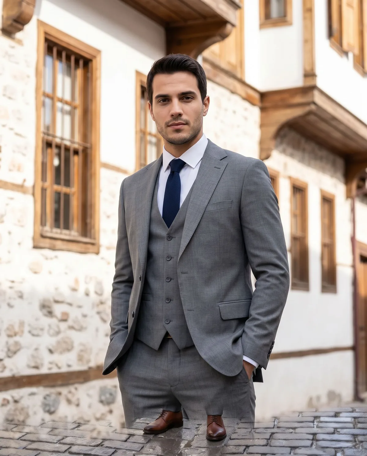 Grey Suit + Waistcoat Look detail - Savas Textile