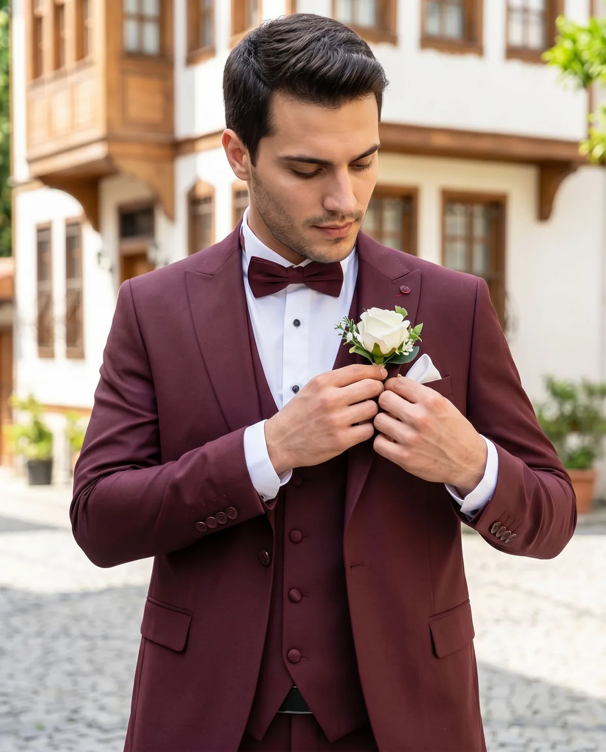 Burgundy Wedding Suit Look detail - Savas Textile