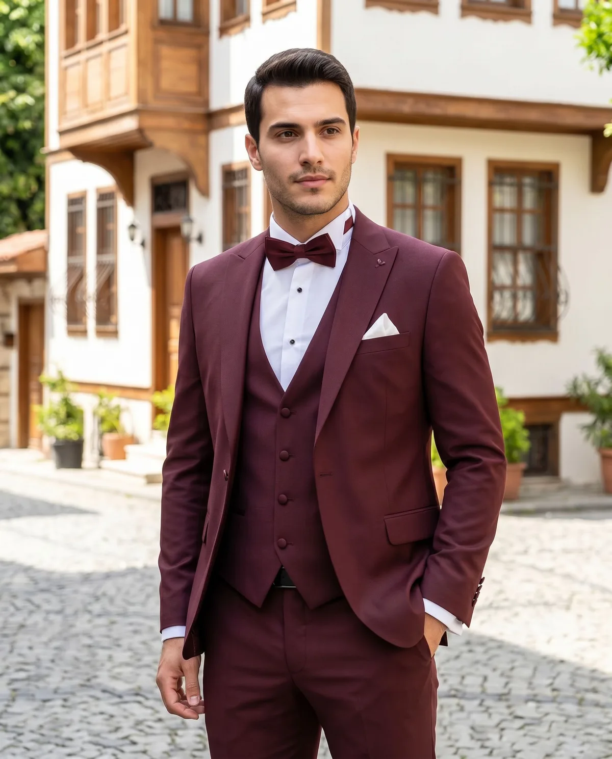 Burgundy Wedding Suit Look detail - Savas Textile