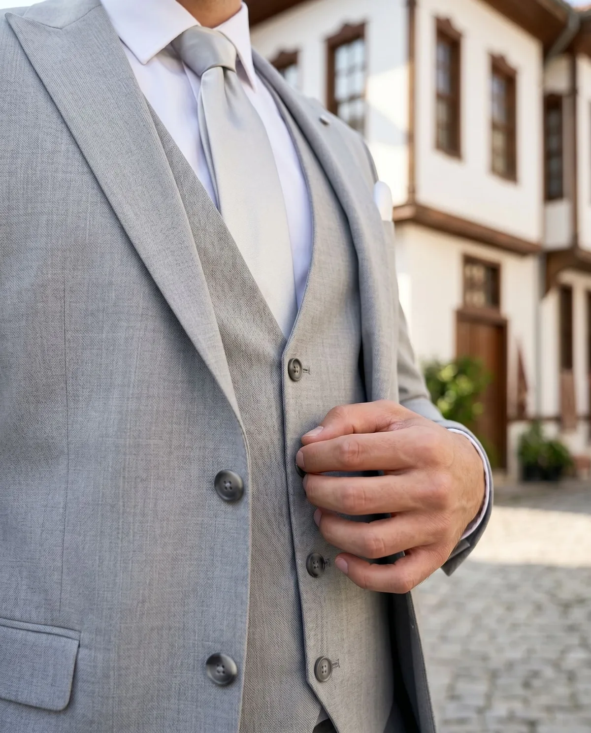 Grey Wedding Suit Look detail - Savas Textile