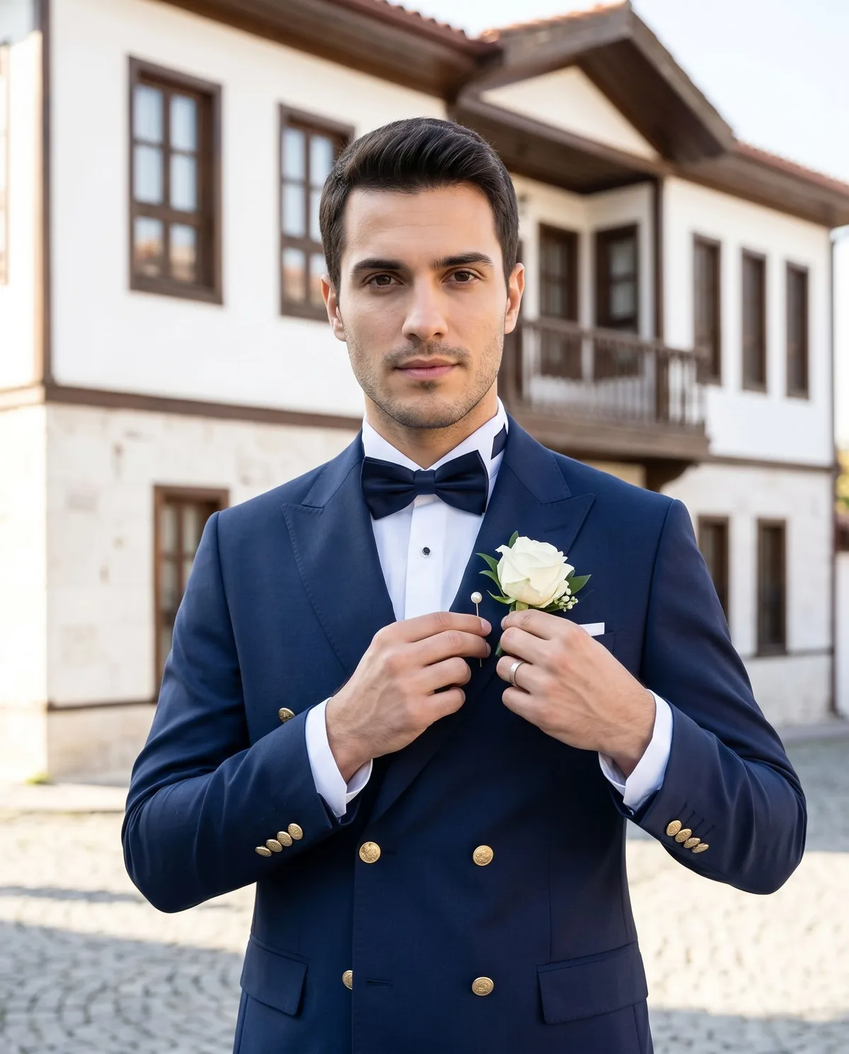 Navy Double-Breasted Wedding Suit Look detail - Savas Textile