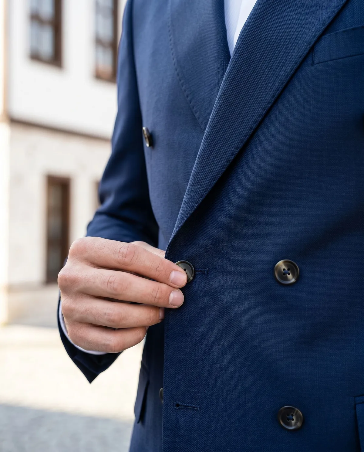 Navy Double-Breasted Wedding Suit Look detail - Savas Textile