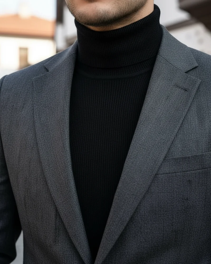 Charcoal Suit - Turtleneck Look detail - Savas Textile