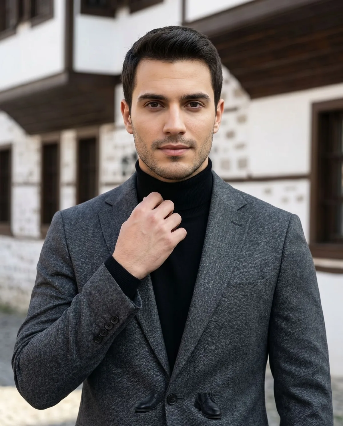 Charcoal Suit - Turtleneck Look detail - Savas Textile