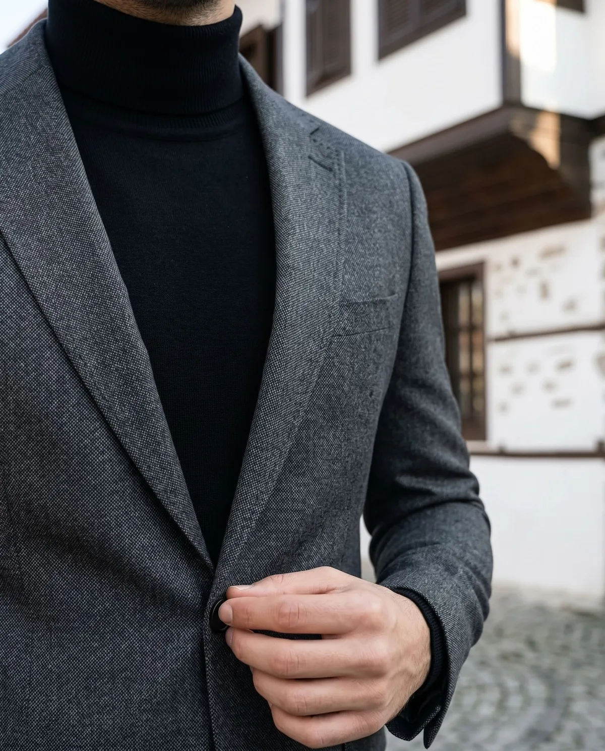 Charcoal Suit - Turtleneck Look detail - Savas Textile