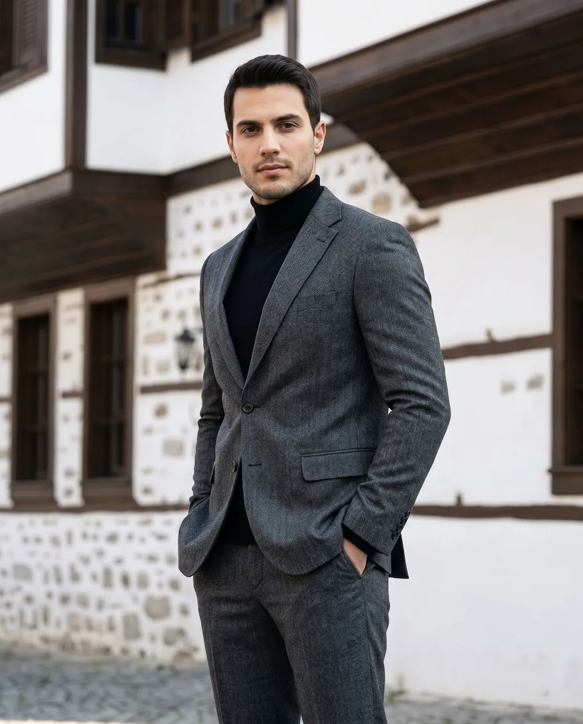 Charcoal Suit - Turtleneck Look detail - Savas Textile