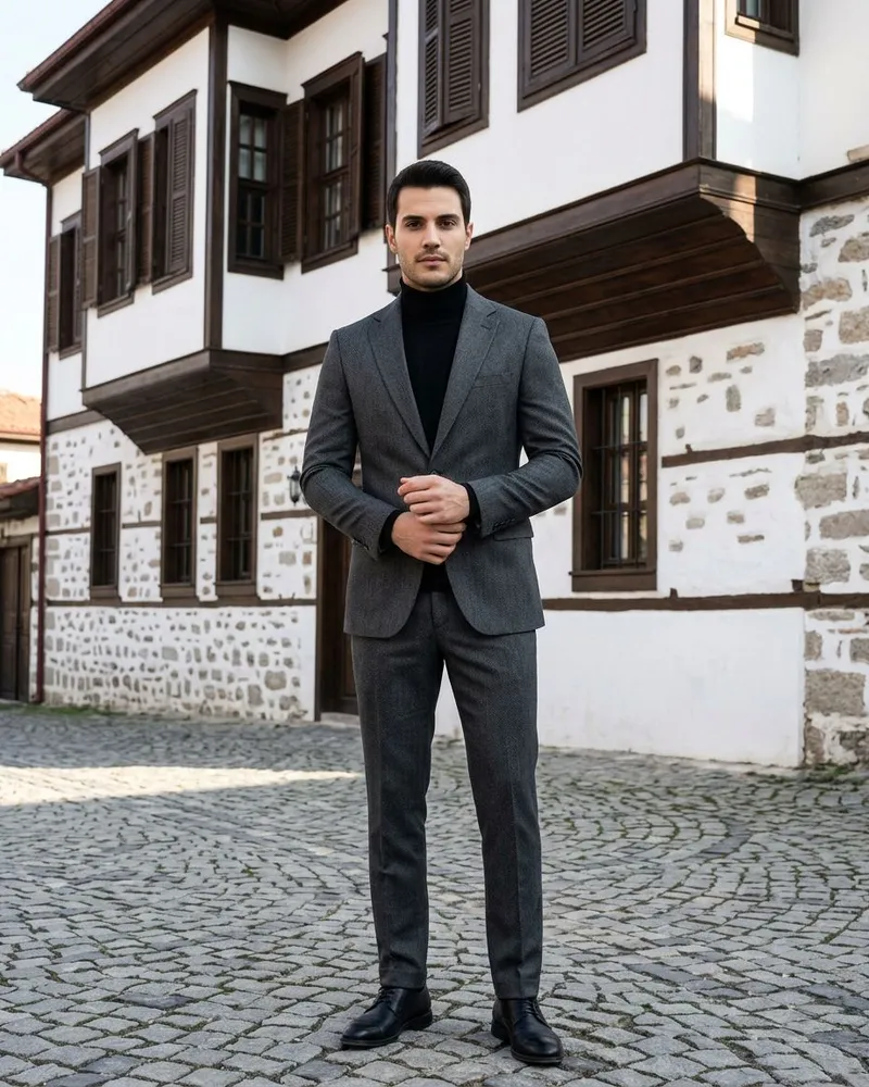 Charcoal Suit - Turtleneck Look - Suits by Savas Textile