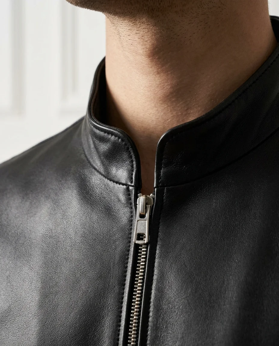 Black Leather Jacket Look detail - Savas Textile