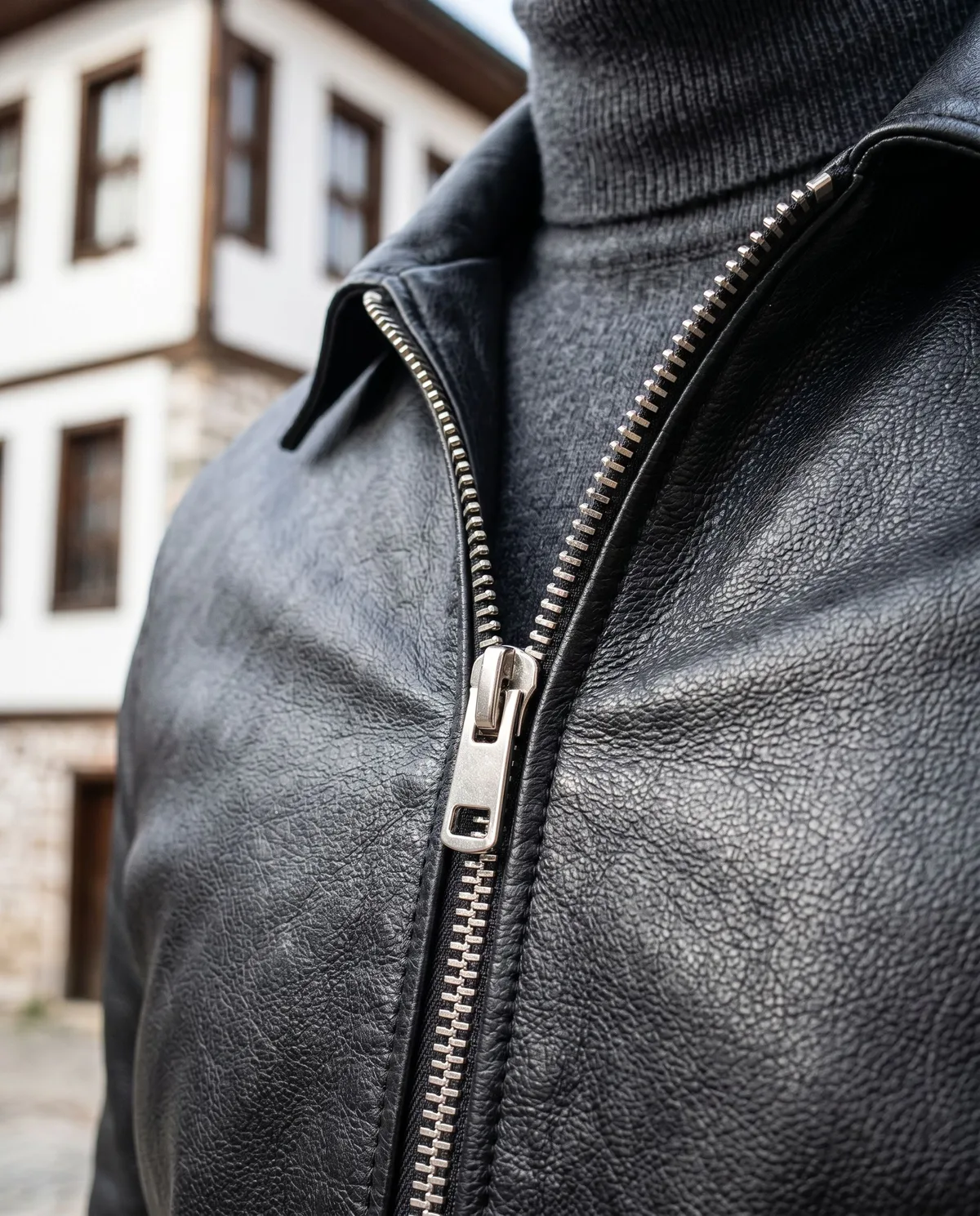 Black Leather Jacket Look detail - Savas Textile