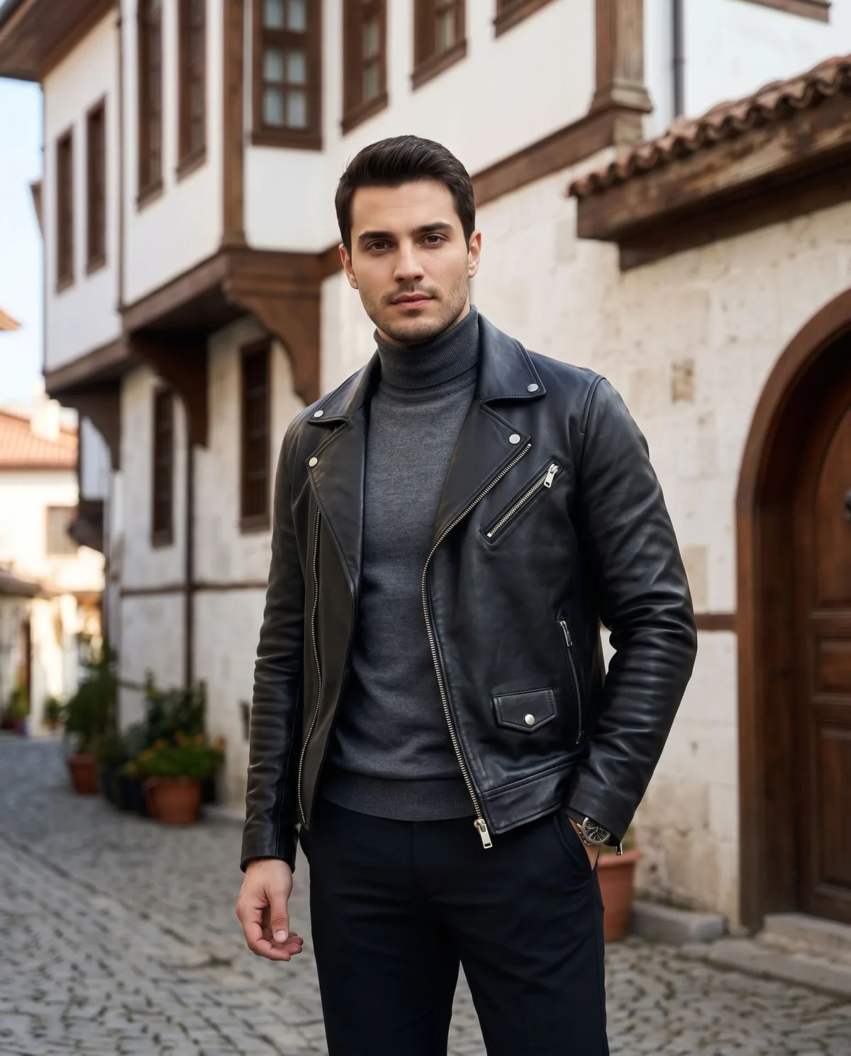 Black Leather Jacket Look detail - Savas Textile