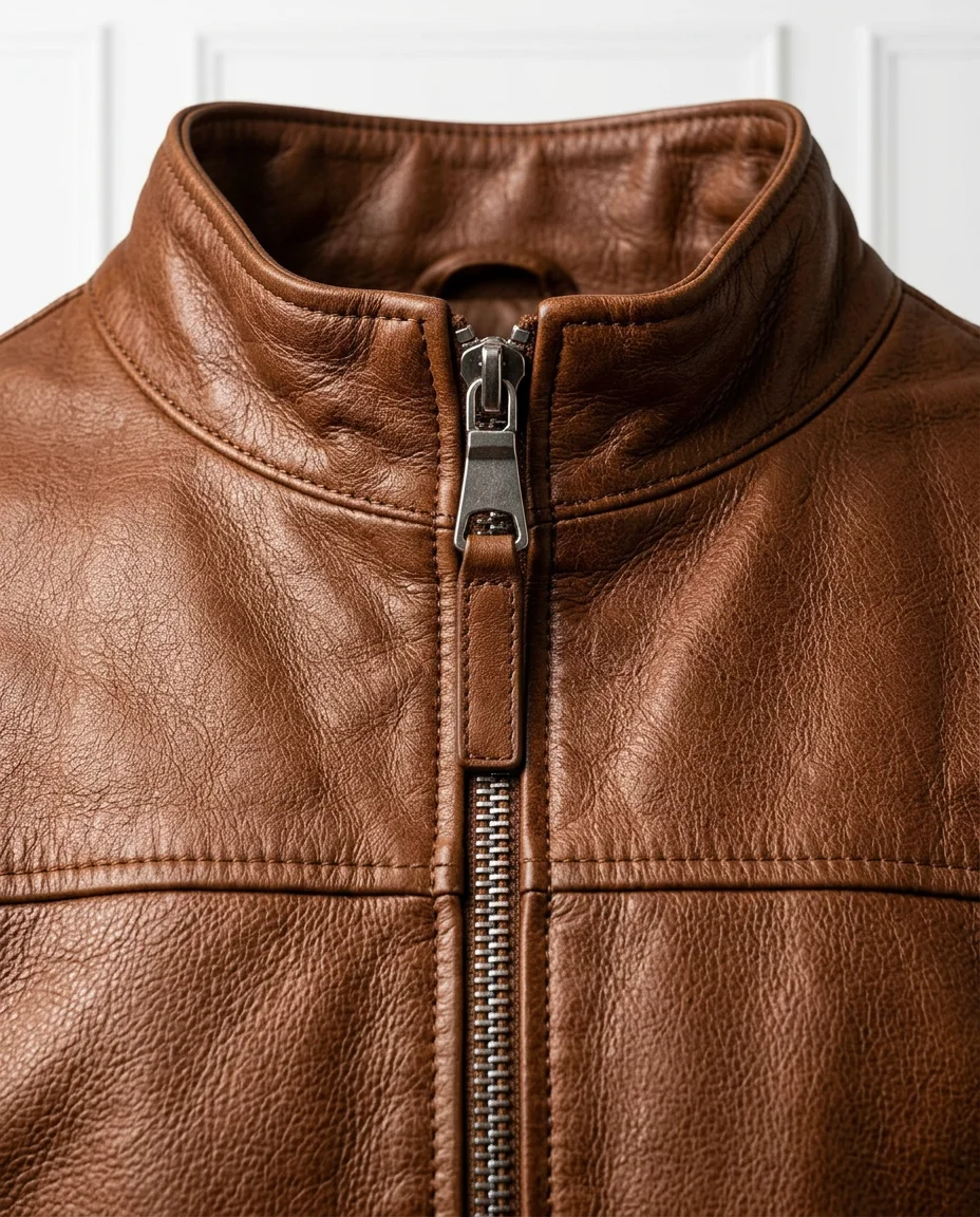 Brown Leather Jacket Look detail - Savas Textile